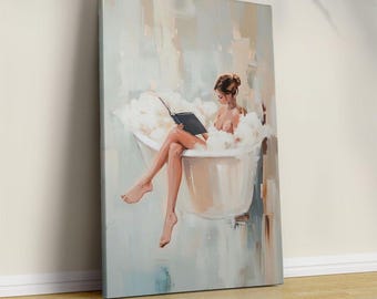 Reading in Silence, Modern Bathroom Wall Art, Woman Bathtub Painting, Minimal Figure Canvas Print