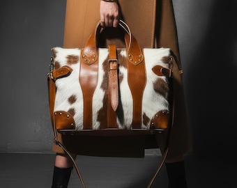 Handmade Cowhide Leather Tote Bag | Western Boho Shoulder Bag