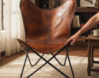 Handgemaakte echt leren vlinderstoel, modern loungeaccent uit het midden van de eeuw