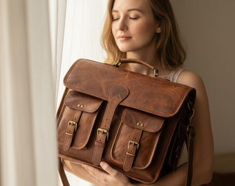 Handmade Full-Grain Leather Laptop Messenger Bag, Travel Briefcase