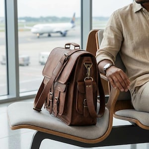 May include: A brown leather satchel bag with multiple pockets and a shoulder strap. The bag has a flap closure with buckles and is sitting on a gray chair. A plane is visible through a window in the background.