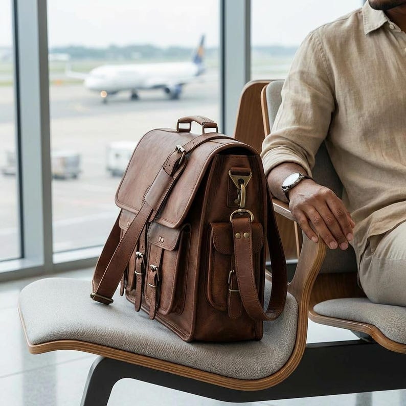 May include: A brown leather satchel bag with multiple pockets and a shoulder strap. The bag has a flap closure with buckles and is sitting on a gray chair. A plane is visible through a window in the background.
