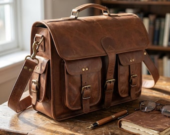 Handmade Full-Grain Leather Laptop Messenger Bag, Travel Briefcase