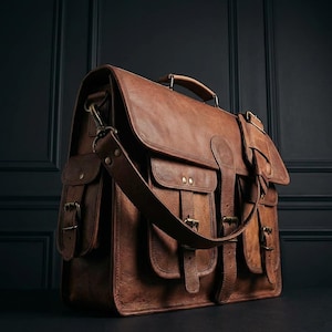May include: A brown leather satchel with multiple pockets and a shoulder strap. The bag has a top handle and is secured with buckles. The leather has a distressed appearance, giving it a vintage look. The bag is designed for carrying items.