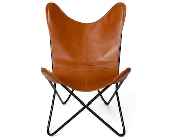 Hand Stitched Brown Leather Butterfly Chair, Folding Armchair