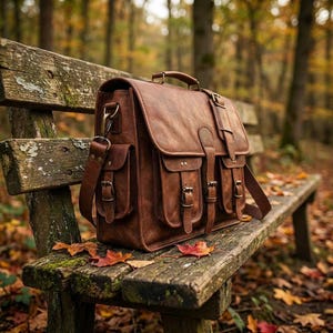 May include: A brown leather satchel with multiple pockets and buckles sits on a weathered wooden bench. The bag has a top handle and a shoulder strap. Autumn leaves are scattered around the bench in a forest setting.