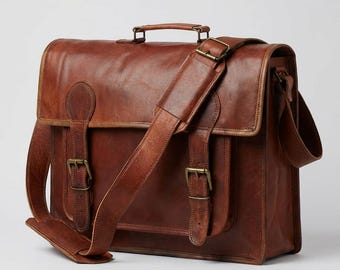Handmade Full Grain Leather Laptop Messenger Bag, Vintage Briefcase
