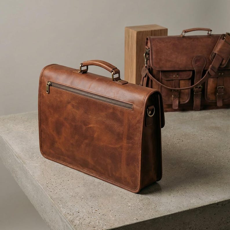 May include: A brown leather briefcase with a top handle and a zippered pocket on the back. The briefcase is rectangular and has a classic design. Another brown leather bag is in the background.