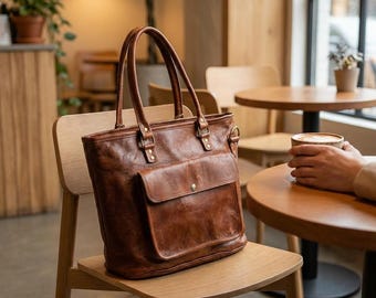 Handmade Leather Tote Bag – Brown Everyday Shoulder Bag with Pocket