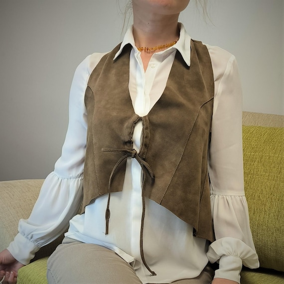 Taupe Halter Neck Suede Vest, Adjustable Leather Waistcoat, Lace Front Crop Top, XS–XL Fit