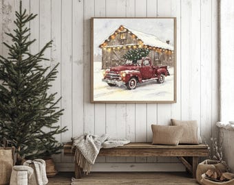 Arte de pared imprimible de camión navideño vintage, pintura navideña antigua neutra, descarga digital