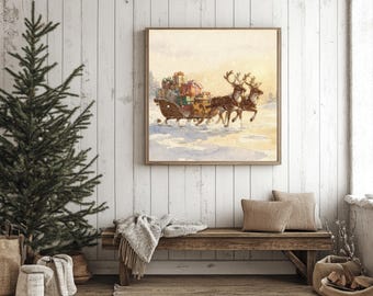 Arte de pared imprimible de trineo navideño vintage con renos, pintura navideña antigua neutra, descarga digital
