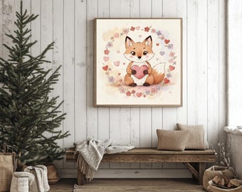 Zorro lindo con corazones en acuarela PNG, arte de pared femenino para San Valentín