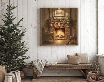 Arte de pared imprimible con chimenea navideña vintage, pintura navideña antigua neutra, descarga digital