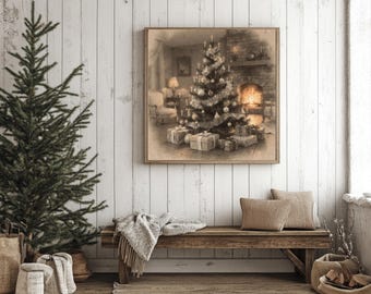 Decoración navideña vintage imprimible para pared, pintura de árbol navideño antiguo neutro, descarga digital