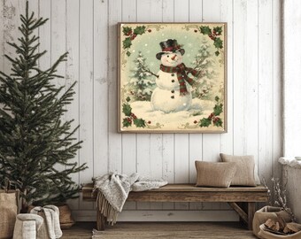 Arte de pared imprimible de muñeco de nieve navideño vintage, pintura navideña antigua neutra, arte digital descargable
