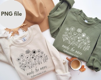 Creado para más PNG Efesios 2:10 Versículo Bíblico Diseño Floral, Cita Cristiana Flores Arte Lineal, Clipart Religioso para Sublimación