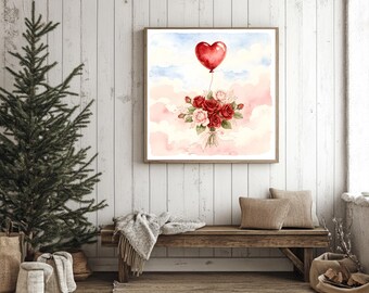 Rosas con corazón en acuarela PNG, arte de pared femenino para San Valentín