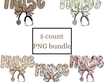 Paquete de 5 imágenes prediseñadas PNG de enfermeras coquetas: diseños florales y con estampado de guepardo para manualidades de enfermería