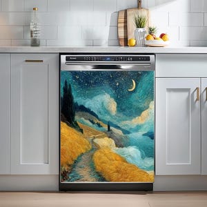 星空の風景を描いた食器洗い機用マグネットカバー、月明かりに照らされたゴッホ風キッチン装飾