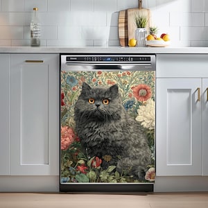 Gray Cat Dishwasher Magnet Cover, Floral Vintage Kitchen Decor, Pet Lover Appliance Wrap
