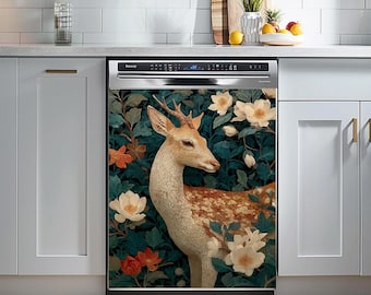Floral Deer Dishwasher Magnet Cover, Vintage Woodland Botanical Kitchen Decor