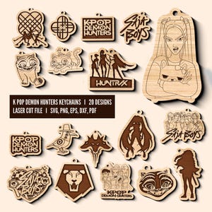 Peut inclure: Une collection de vingt porte-clés en bois découpés au laser. Les motifs comprennent des figures stylisées, du texte et des personnages de dessins animés. Le texte sur les porte-clés indique "K POP DEMON HUNTERS" et "SAJA BOYS". L'image comprend également le texte "K POP DEMON HUNTERS KEYCHAINS | 20 DESIGNS LASER CUT FILE | SVG, PNG, EPS, DXF, PDF".
