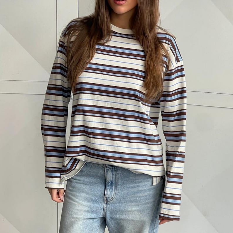Top de manga larga a rayas para mujer: ropa informal de cuello redondo White