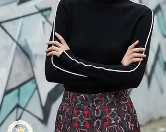 Turtleneck Slim Top | Contrast Sleeve Work Shirt | Daily Wear | Soft Office Style