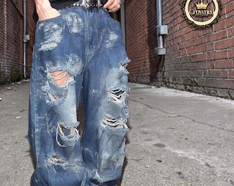 Retro Ripped Jeans | Wide Leg Denim Pants | Daily Wear | Y2K Streetwear Style