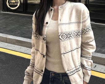 Muster Lockere Strickjacke | Lässige Button Sweater Jacke | Winter-Outfit | Y2K Mode-Stil