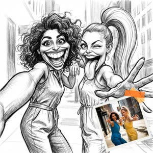 May include: A black and white pencil sketch of two women taking a selfie, with exaggerated features and expressions. One woman is sticking out her tongue, and the other is smiling widely. A small photo is taped to the image.