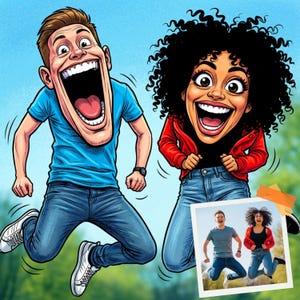 Puede incluir: Ilustración de dibujos animados de un hombre y una mujer saltando y riendo. El hombre lleva una camiseta azul y vaqueros, mientras que la mujer lleva una chaqueta roja y vaqueros. También es visible una imagen más pequeña de la pareja. El fondo es un cielo azul y follaje verde.