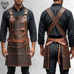 Könnte beinhalten: Braune Lederschürze mit verstellbaren Trägern und mehreren Taschen. Die Schürze hat einen Gürtel mit Schnalle und ist auf Langlebigkeit und Stil ausgelegt. Die Schürze wird von vorne und hinten gezeigt.