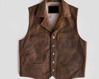 Vintage Mens Leather Western Vest : Cowboy Ranch Style