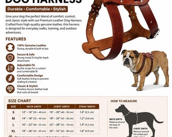 Genuine Leather Dog Harness, Adjustable Heavy Duty Dog Harness, Brown Leather Pet Harness for Walking Training  Everyday Use