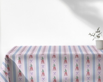 Roze en blauw gestreept tafelkleed – vintage bloemenmotief, Cottagecore Farmhouse-tafellinnen