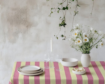 Mantel a rayas rosa y verde claro – Mantel moderno y colorido, decoración de comedor estilo cottagecore