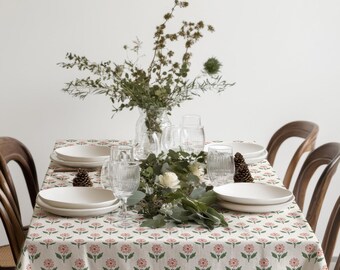 Floral Cottage Tablecloth – Vintage Inspired Table Cover – Pink Flower Table Linen
