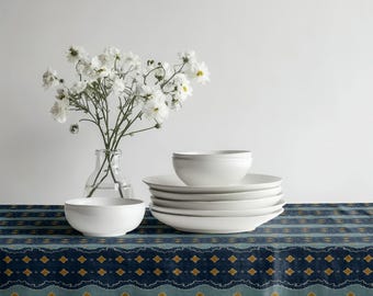 Navy Blue & Teal Tablecloth, Geometric Stripe Tablecloth, Mustard Accent Pattern Tablecloth, Modern Boho Tablecloth
