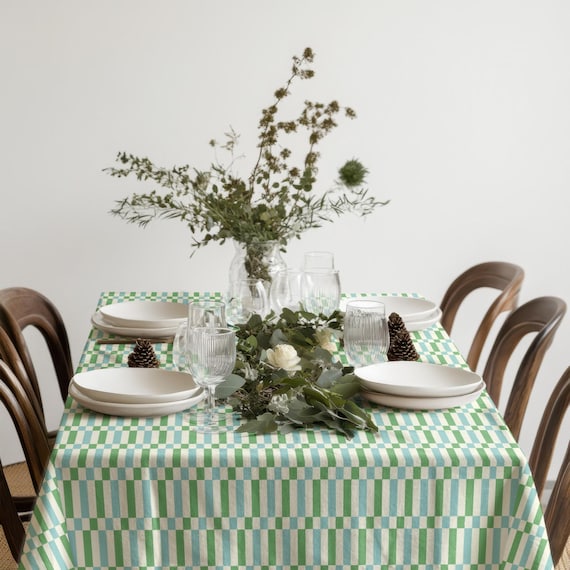 Green Blue Plaid Tablecloth, Pastel Checkered Tablecloth, Scandinavian Table Linen, Retro Grid Tablecloth, Modern Farmhouse Tablecloth