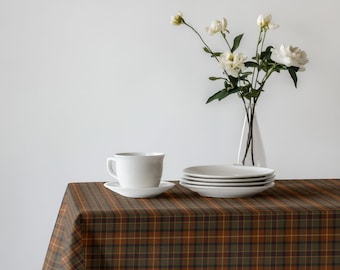Brown Green Plaid Tablecloth, rustic tartan table cover, cozy farmhouse dining decor