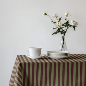 Burgundy Green Striped Tablecloth – Modern Stripe Table Cover – Custom Size Dining Table Linen