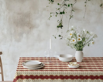 Mantel a rayas rojas y beige, cubremesas con estampado ondulado, mantel de comedor de inspiración vintage, mantelería rústica de estilo granja.