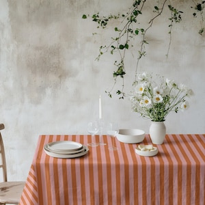 Rosa orange randig bordsduk, Blush rosa randig bordsduk, Terrakotta randigt linne, Retro matbordsduk