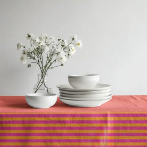 Mantel a rayas rosa y naranja, mantel a rayas fucsia, mantel amarillo mostaza, mantelería retro colorida