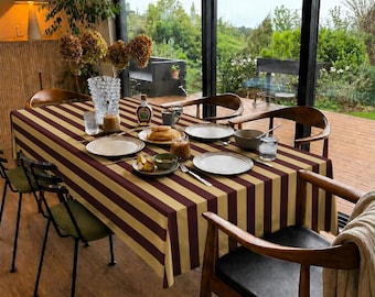 Burgundy Cream Striped Tablecloth, Classic Two Tone Table Linen, Modern Stripe Table Cover, Elegant Dining Decor