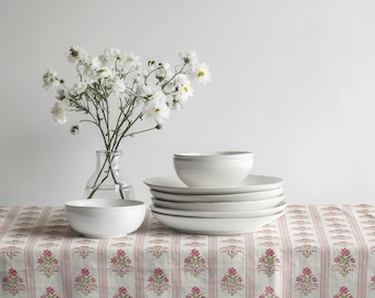 Pink Floral Stripe Tablecloth, Vintage Pink Botanical Tablecloth, Cottagecore Farmhouse Table Linen, Classic Floral Dining Table Cover