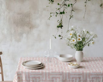 Blush Rosa & Creme Tischdecke - Vintage Geometrisches Muster, Cottagecore Bauernhaus Tischwäsche