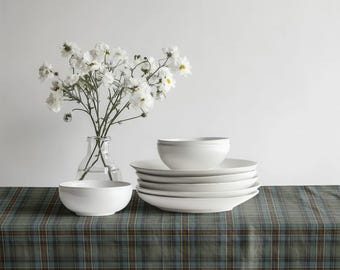 Green Blue Plaid Tablecloth | Tartan Table Cover | Cozy Rustic Dining Decor